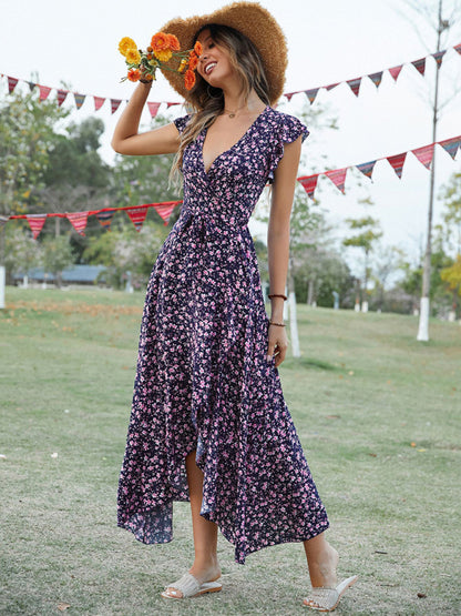 Women’s Bohemian V‑Neck Tie Slim Swing Print Dress