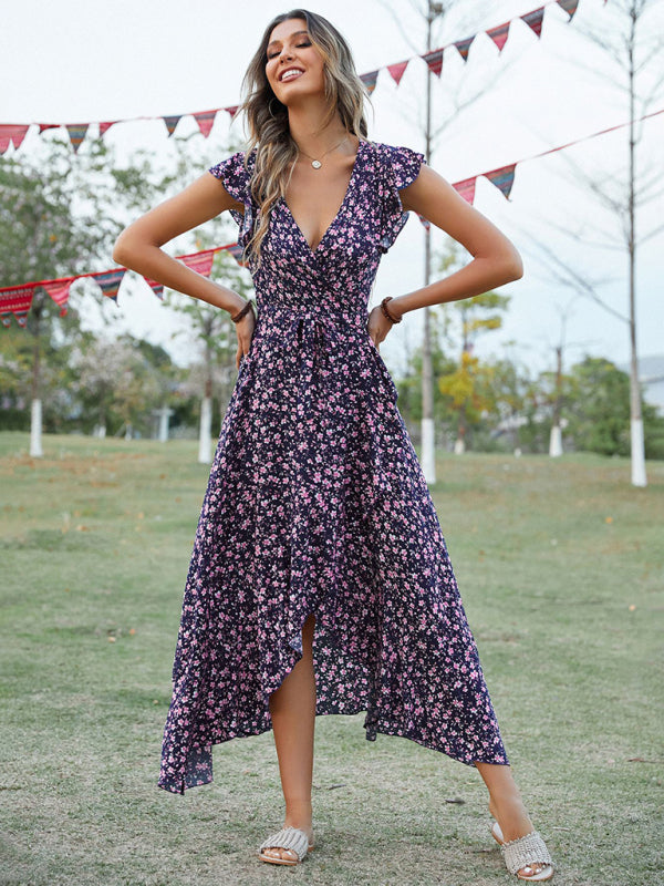 Women’s Bohemian V‑Neck Tie Slim Swing Print Dress