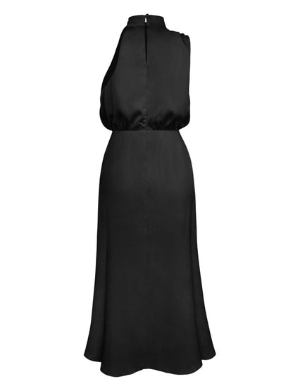 Women’s Woven Satin Halter Neck Slim Fit Mid‑Length Dress
