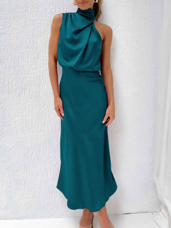 Women’s Woven Satin Halter Neck Slim Fit Mid‑Length Dress