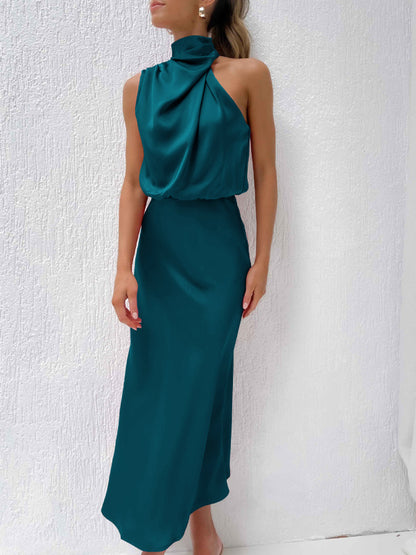 Women’s Woven Satin Halter Neck Slim Fit Mid‑Length Dress