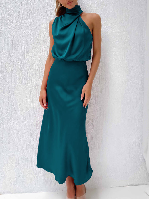 Women’s Woven Satin Halter Neck Slim Fit Mid‑Length Dress