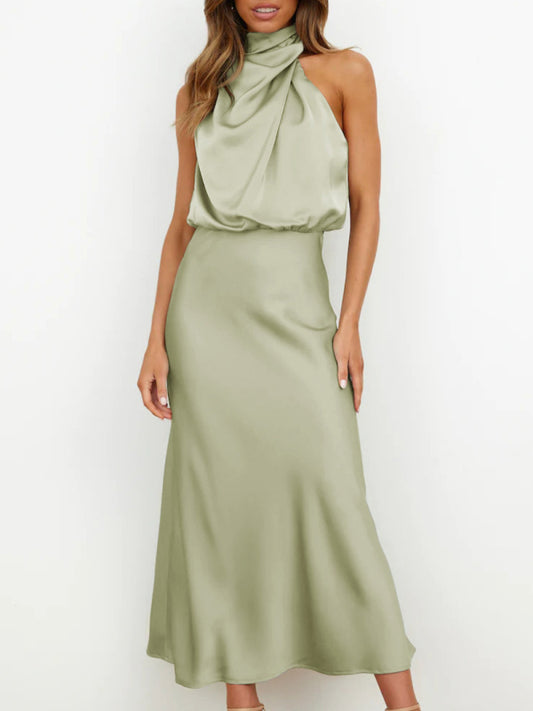 Women’s Woven Satin Halter Neck Slim Fit Mid‑Length Dress