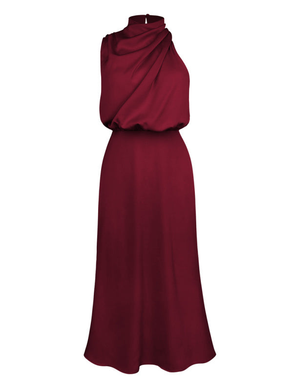 Women’s Woven Satin Halter Neck Slim Fit Mid‑Length Dress