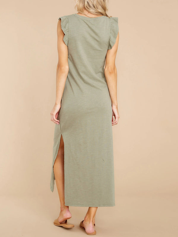 Women’s A-Line Mid-Length Knit Dress with Wooden–Ear Strap Accent