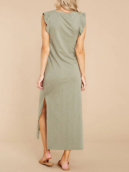 Women’s A-Line Mid-Length Knit Dress with Wooden–Ear Strap Accent