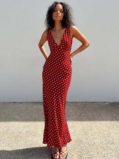 Women’s Polka Dot Suspender V‑Neck Fishtail Dress