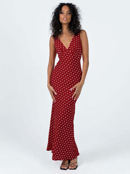 Women’s Polka Dot Suspender V‑Neck Fishtail Dress