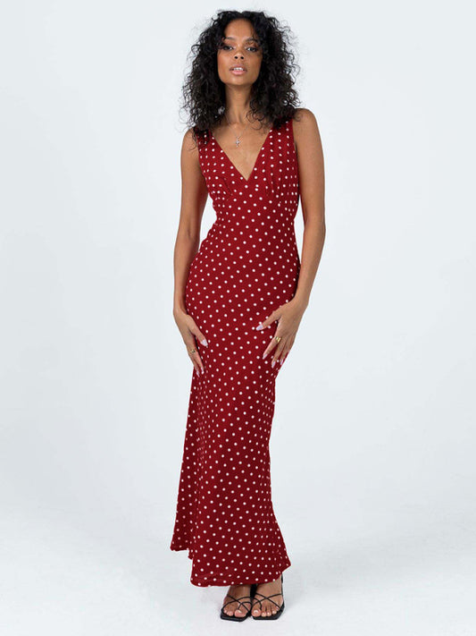 Women’s Polka Dot Suspender V‑Neck Fishtail Dress