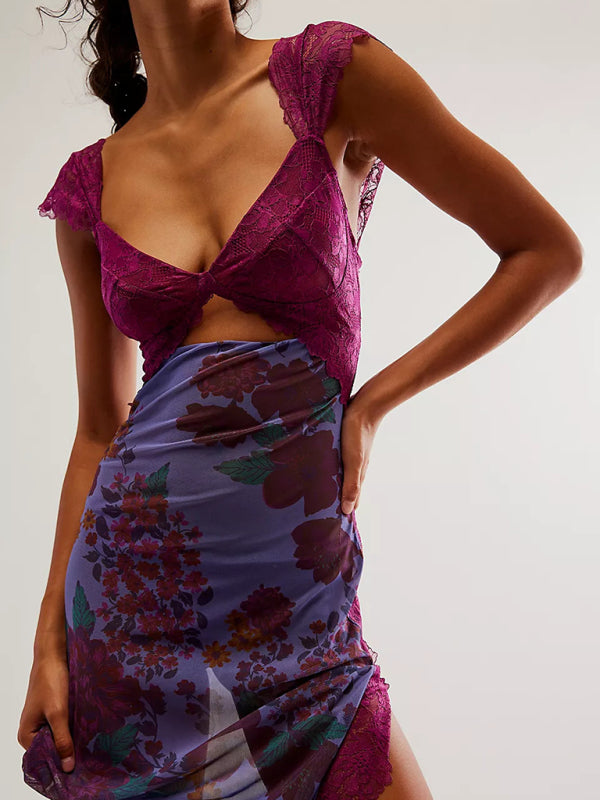 Women’s Gentle Lace-Straps Spliced Slit Long Dress