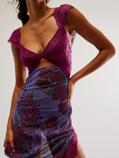 Women’s Gentle Lace-Straps Spliced Slit Long Dress