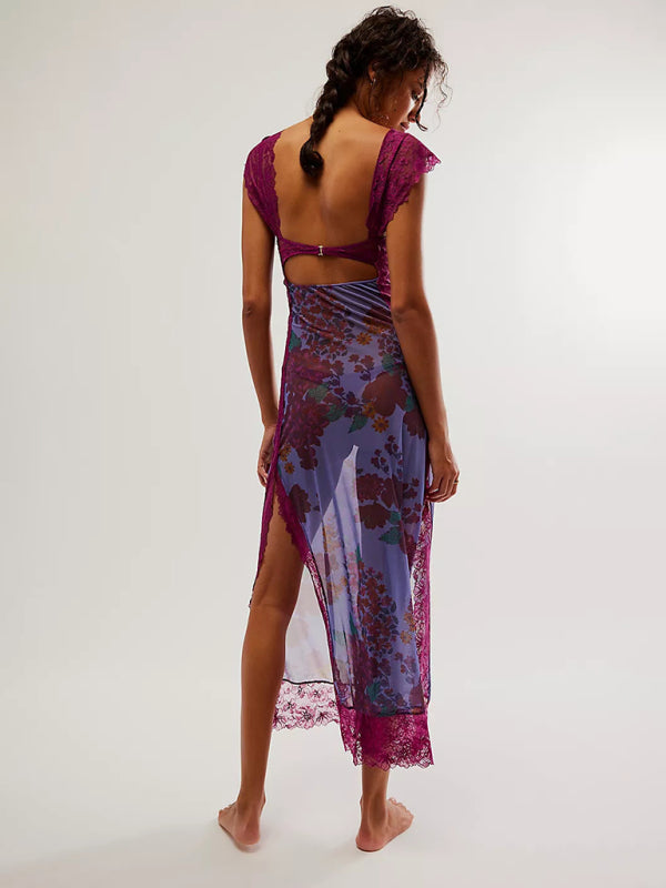 Women’s Gentle Lace-Straps Spliced Slit Long Dress