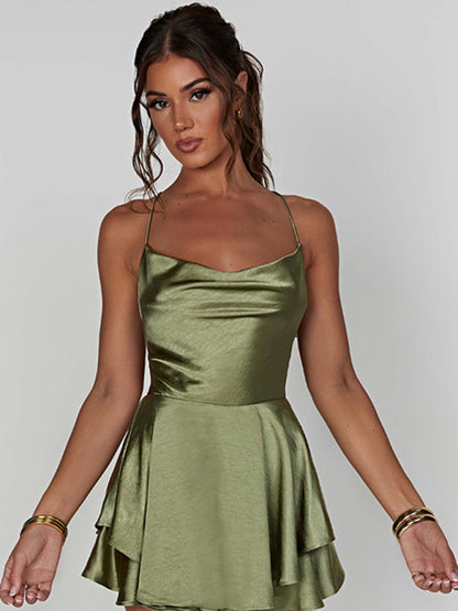 Women's Satin Backless Strappy A-Hem Suspender Dress