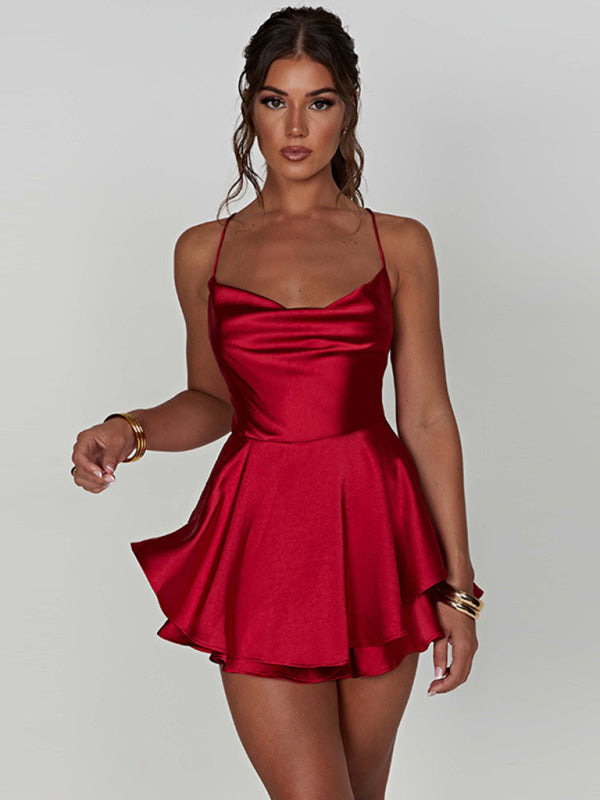 Women's Satin Backless Strappy A-Hem Suspender Dress