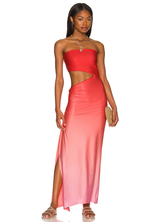 Women’s Floral Print Strapless Hollow‑Out Maxi Dress