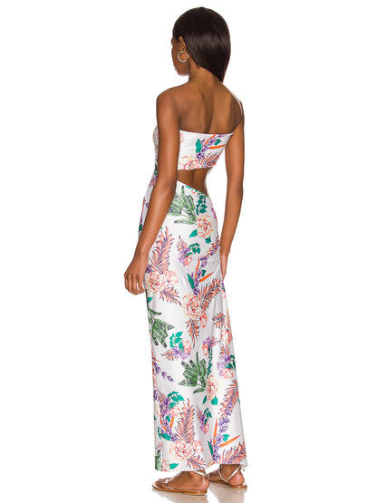 Women’s Floral Print Strapless Hollow‑Out Maxi Dress