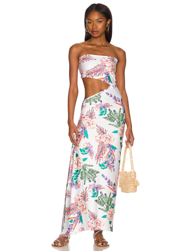 Women’s Floral Print Strapless Hollow‑Out Maxi Dress