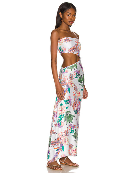Women’s Floral Print Strapless Hollow‑Out Maxi Dress