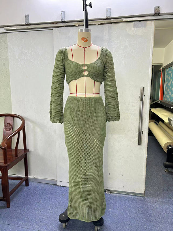 Women's Knitted Long Sleeve Maxi Skirt Set – Cozy & Chic