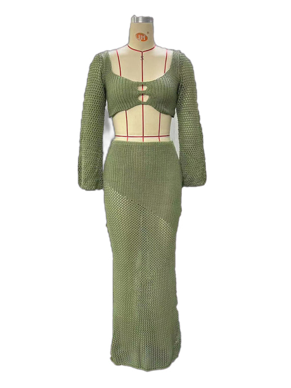 Women's Knitted Long Sleeve Maxi Skirt Set – Cozy & Chic