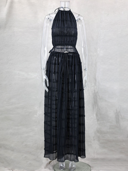 Backless Lace-Up Halter Top & Pleated Skirt Set