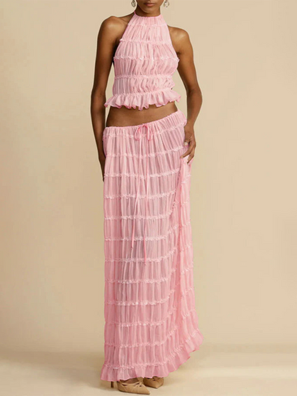 Backless Lace-Up Halter Top & Pleated Skirt Set