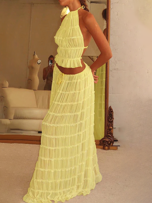 Backless Lace-Up Halter Top & Pleated Skirt Set