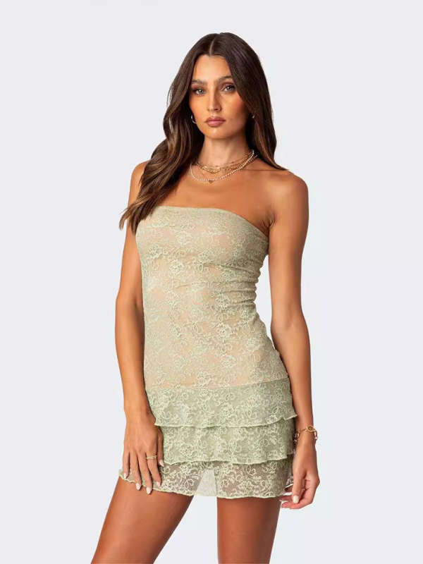 Women’s Lace Tube Top & Ruffled Mini Skirt Two‑Piece Set