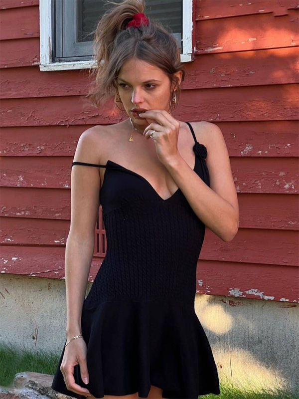 Women’s Suspender Knitted Rabbit Fur Dress with Flower Texture