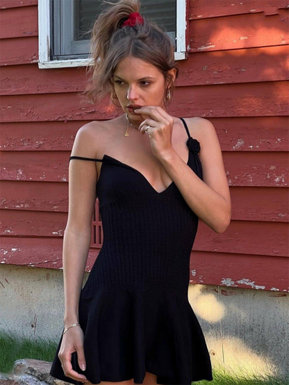 Women’s Suspender Knitted Rabbit Fur Dress with Flower Texture