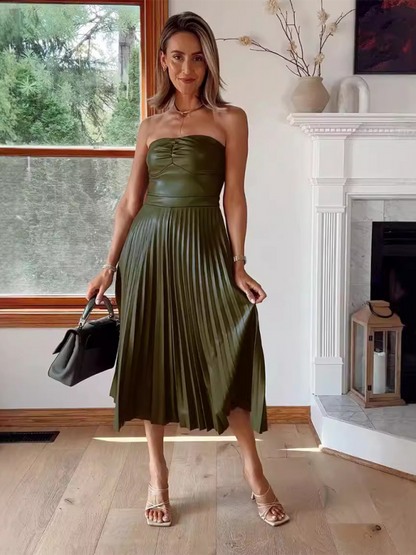 New Style Tube Top Pleated Leather Dress – Midi Length