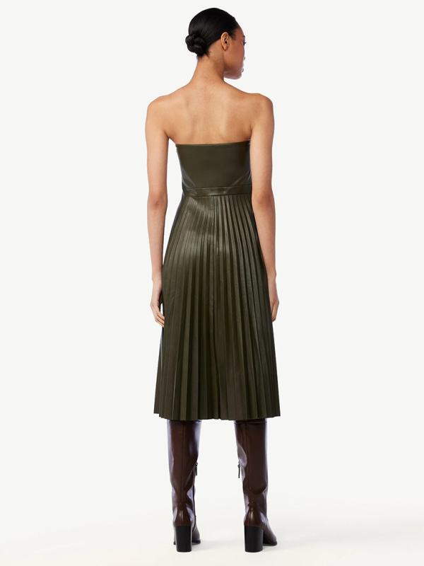 New Style Tube Top Pleated Leather Dress – Midi Length