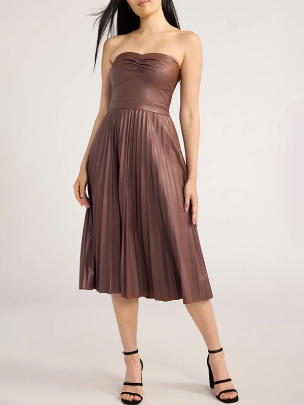 New Style Tube Top Pleated Leather Dress – Midi Length