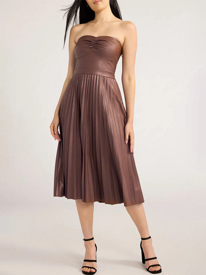 New Style Tube Top Pleated Leather Dress – Midi Length