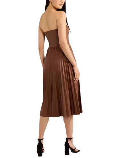 New Style Tube Top Pleated Leather Dress – Midi Length