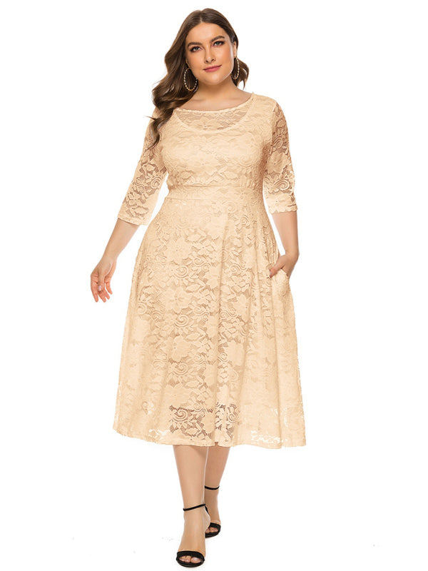 Plus‑Size Women’s Lace Pocket Evening Dress for Bridesmaids & Events
