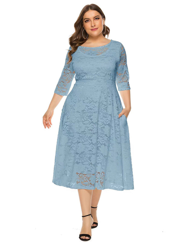 Plus‑Size Women’s Lace Pocket Evening Dress for Bridesmaids & Events