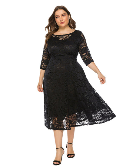 Plus‑Size Women’s Lace Pocket Evening Dress for Bridesmaids & Events