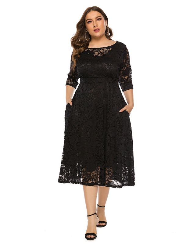 Plus‑Size Women’s Lace Pocket Evening Dress for Bridesmaids & Events