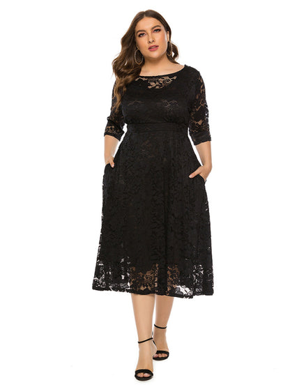 Plus‑Size Women’s Lace Pocket Evening Dress for Bridesmaids & Events