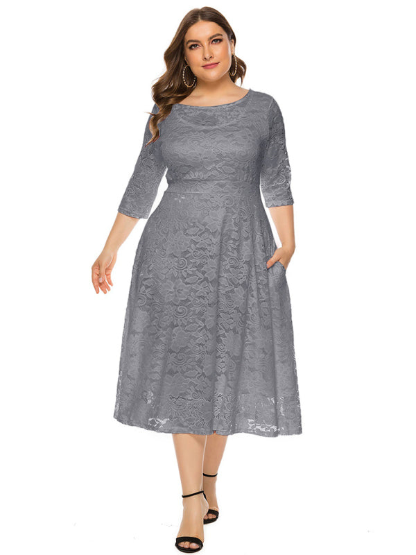 Plus‑Size Women’s Lace Pocket Evening Dress for Bridesmaids & Events
