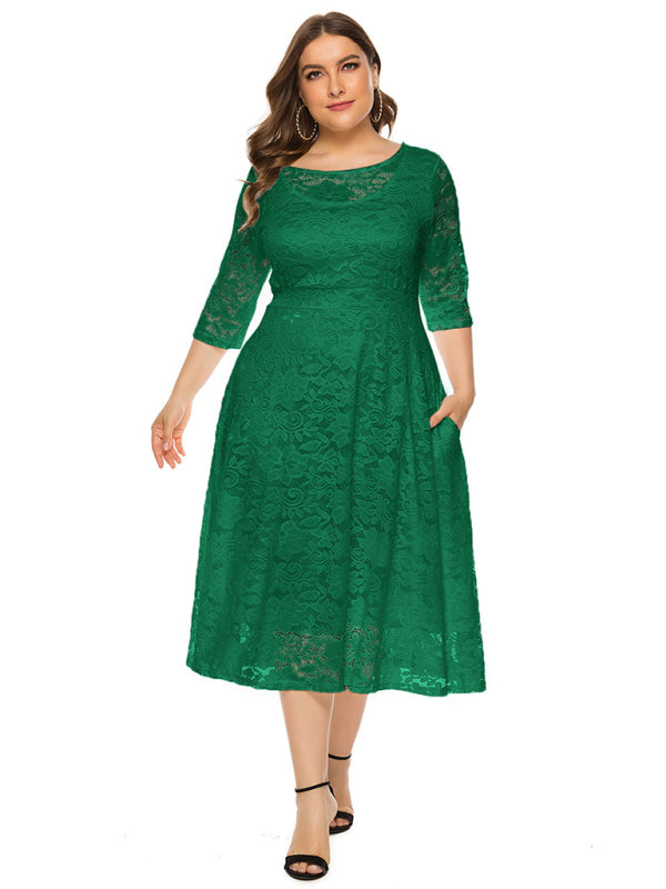 Plus‑Size Women’s Lace Pocket Evening Dress for Bridesmaids & Events