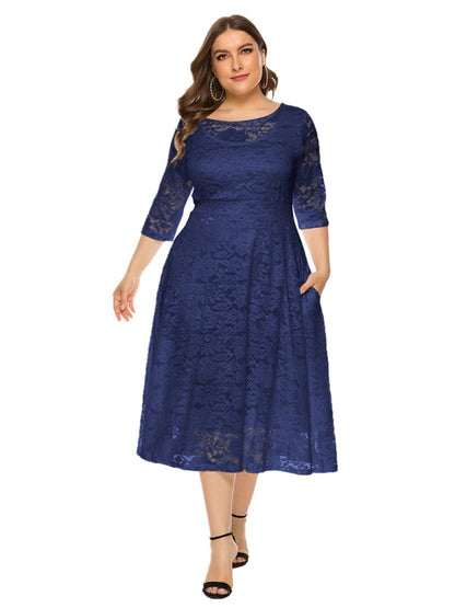 Plus‑Size Women’s Lace Pocket Evening Dress for Bridesmaids & Events