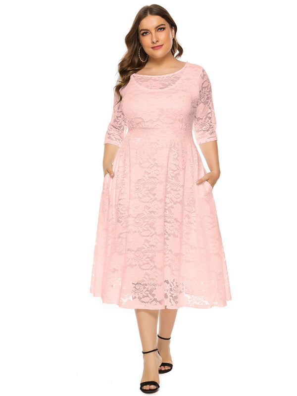 Plus‑Size Women’s Lace Pocket Evening Dress for Bridesmaids & Events