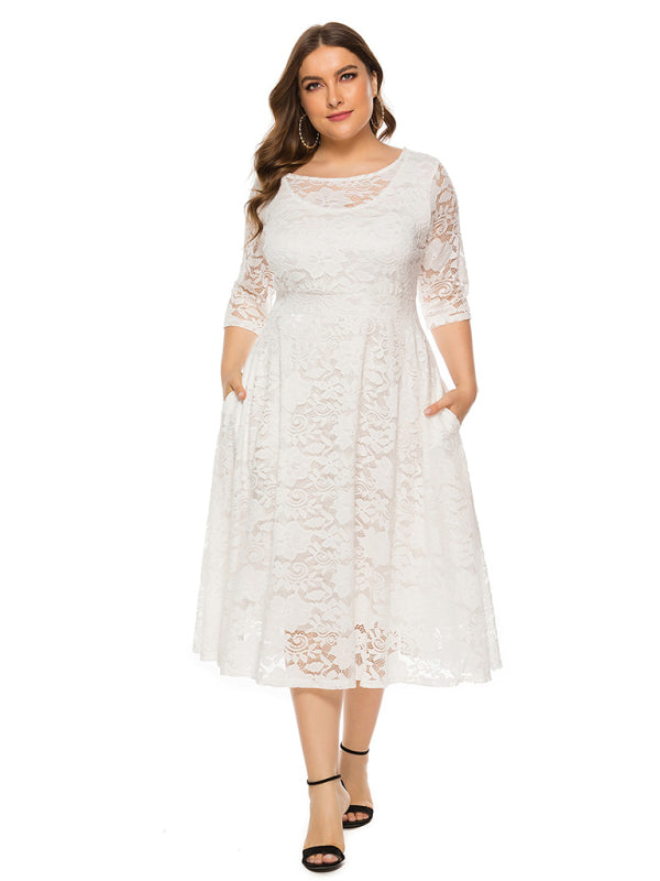 Plus‑Size Women’s Lace Pocket Evening Dress for Bridesmaids & Events