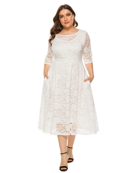 Plus‑Size Women’s Lace Pocket Evening Dress for Bridesmaids & Events