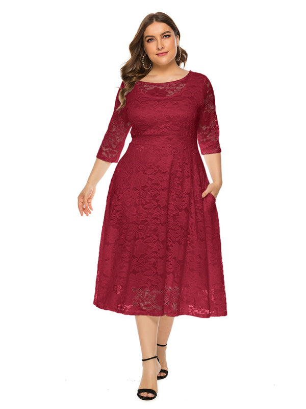 Plus‑Size Women’s Lace Pocket Evening Dress for Bridesmaids & Events