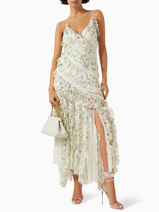 Women’s Printed Lace Design Holiday Suspender Midi Dress