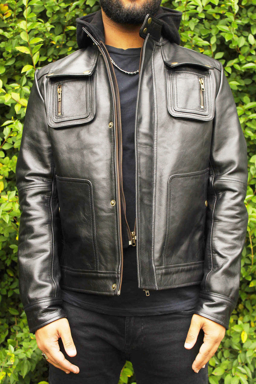 Brando biker Leather Jacket Hoodie Skull Embossed Logo