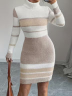 Turtleneck Striped Long Sleeve Fitted Elegant Knit Sweater Dress